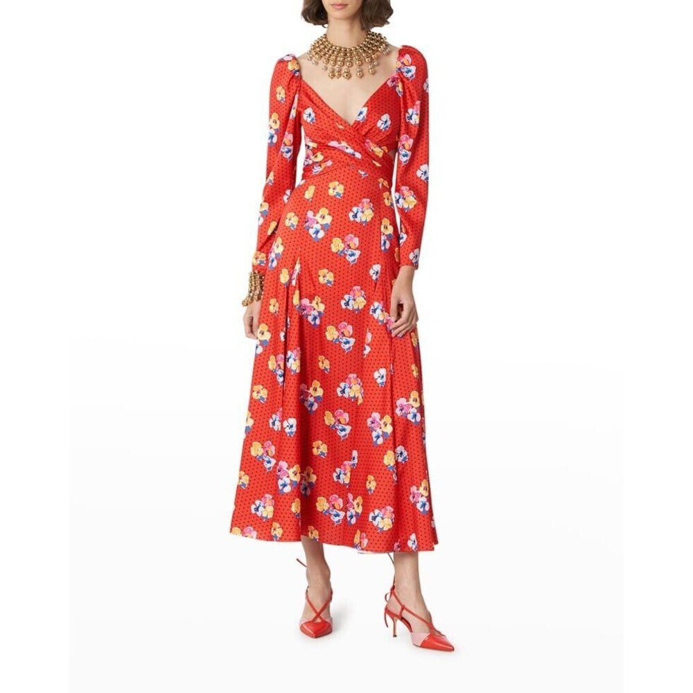 RUNWAY. NWT. $2190 CAROLINA HERRERA Pleated printed twill midi dress Sz 8 red - Picture 2 of 10
